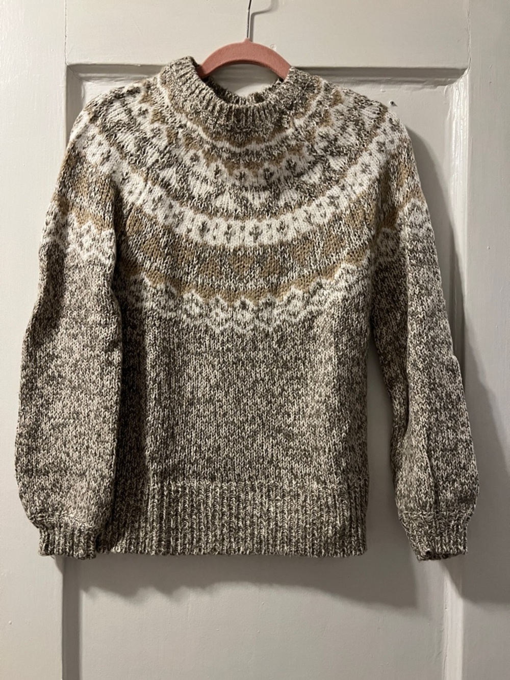 LOFT Neutral Fair Isle Crewneck Sweater in Cream and Brown